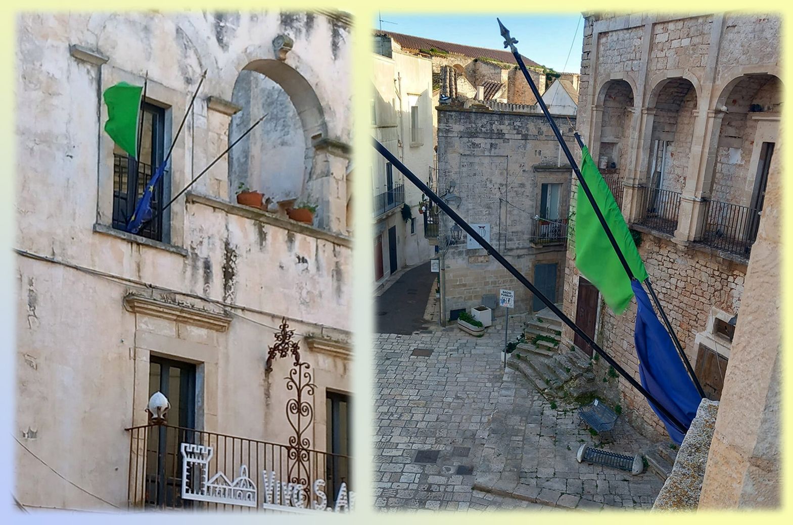 Le bandiere italiana ed europea sul castello ducale di Ceglie: entrambe irriconoscibili