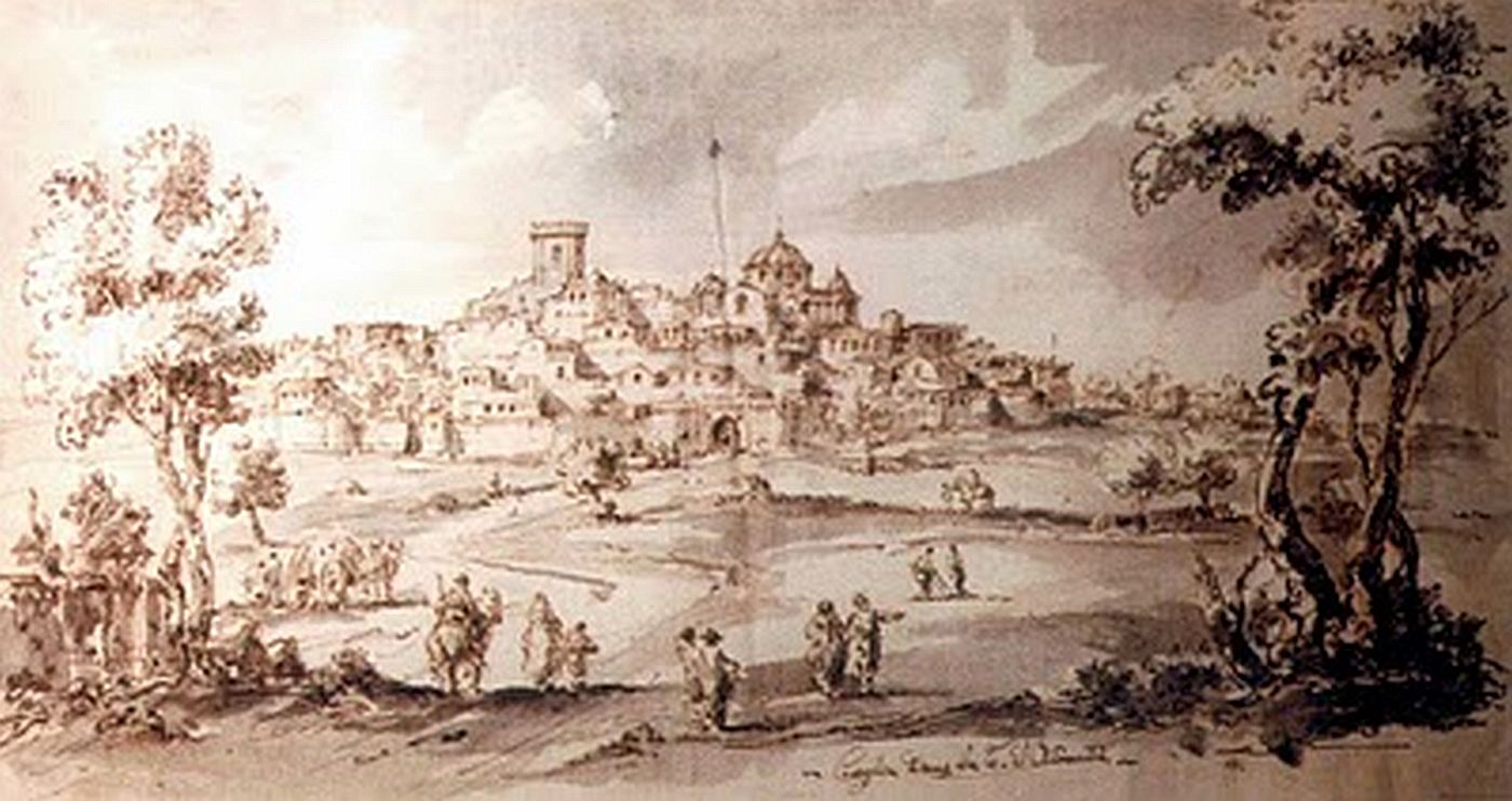 Una vecchia stampa di Ceglie Messapica: sulla collina sono visibili il Castello ducale e la chiesa Matrice