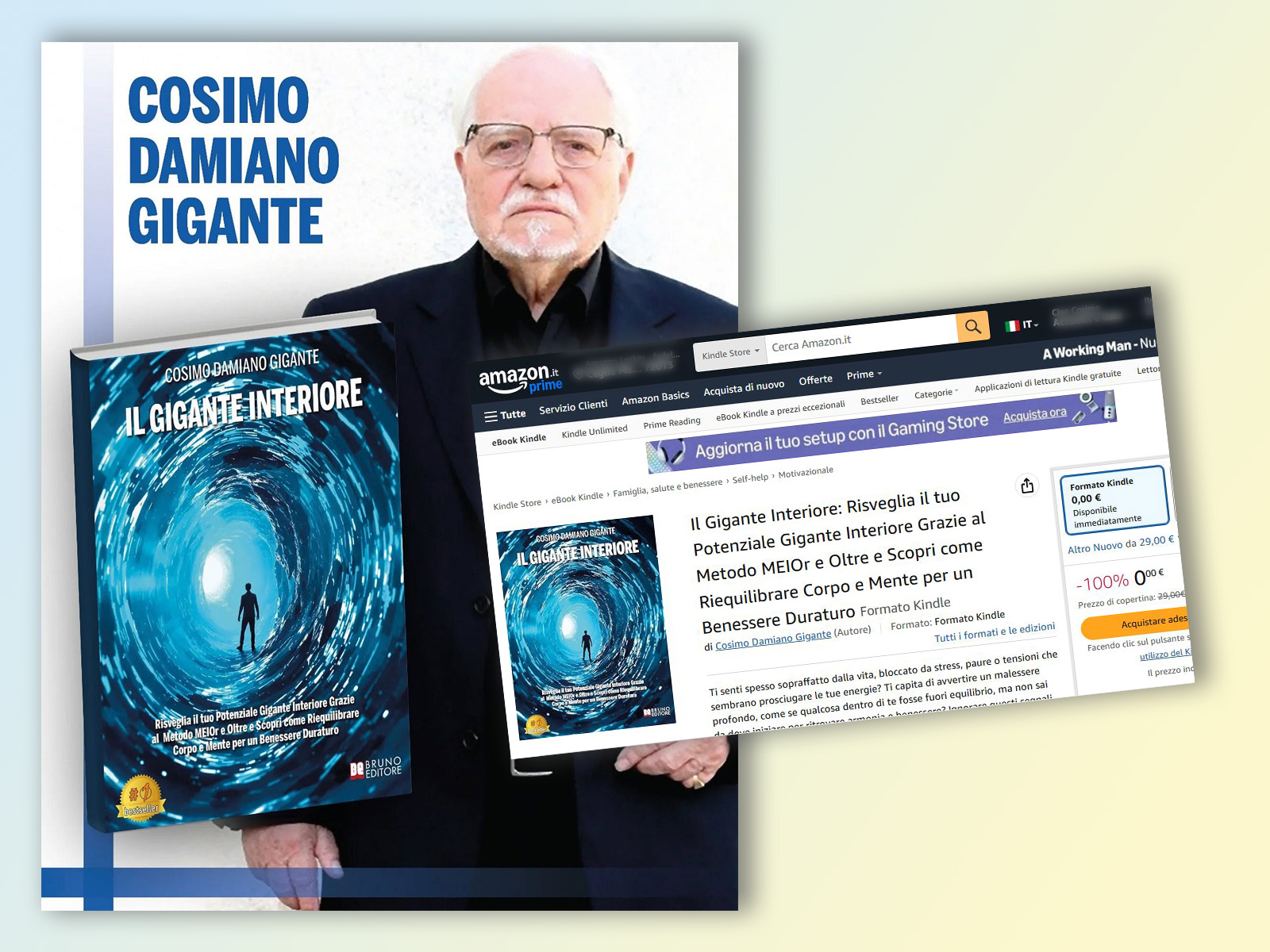 Mimmo Gigante con il suo libro "Il gigante interiore" e, a destra, la pagina di Amazon