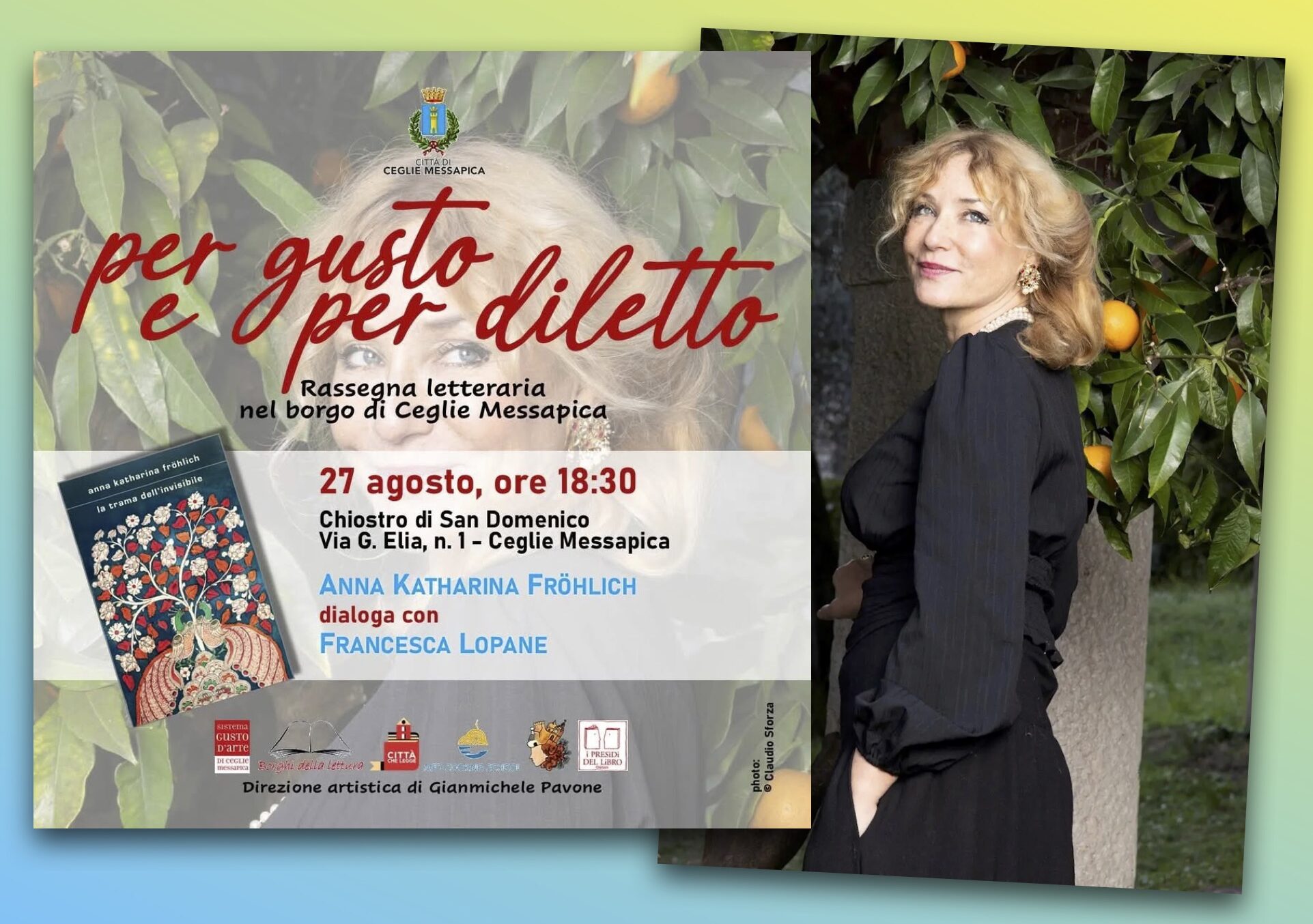 Anna Katharina Fröhlich e la locandina dell'incontro di mercoledì al chiostro dei Domenicani