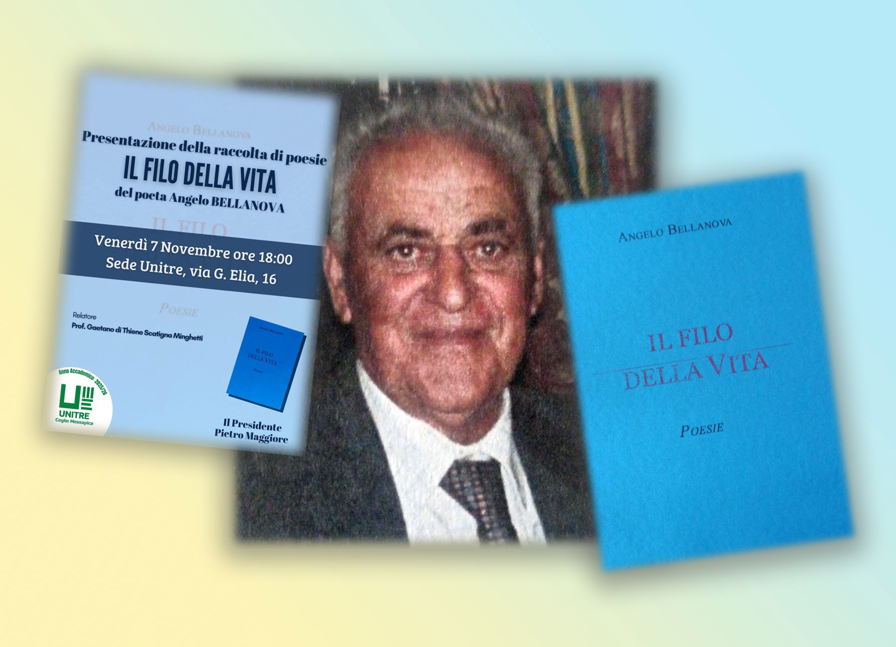 Angelo Bellanova con la copertina del libro postumo e la locandina della presentazione di Scatigna Minghetti