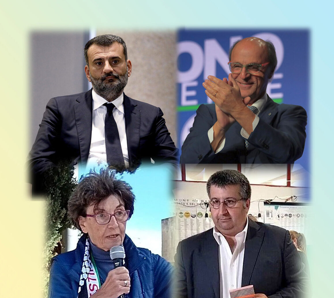 I candidati presidenti in Puglia. In alto, da sinistra in senso orario: Decaro, Lobuono, Mangano e Donno
