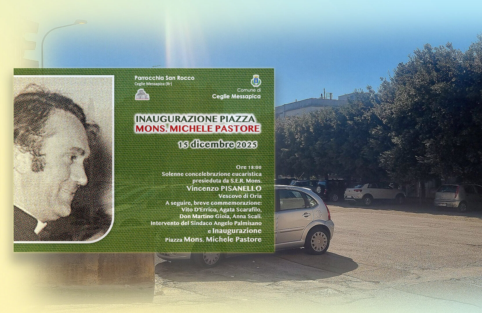 La locandina con il programma e la piazza intitolata a monsignor Michele Pastore