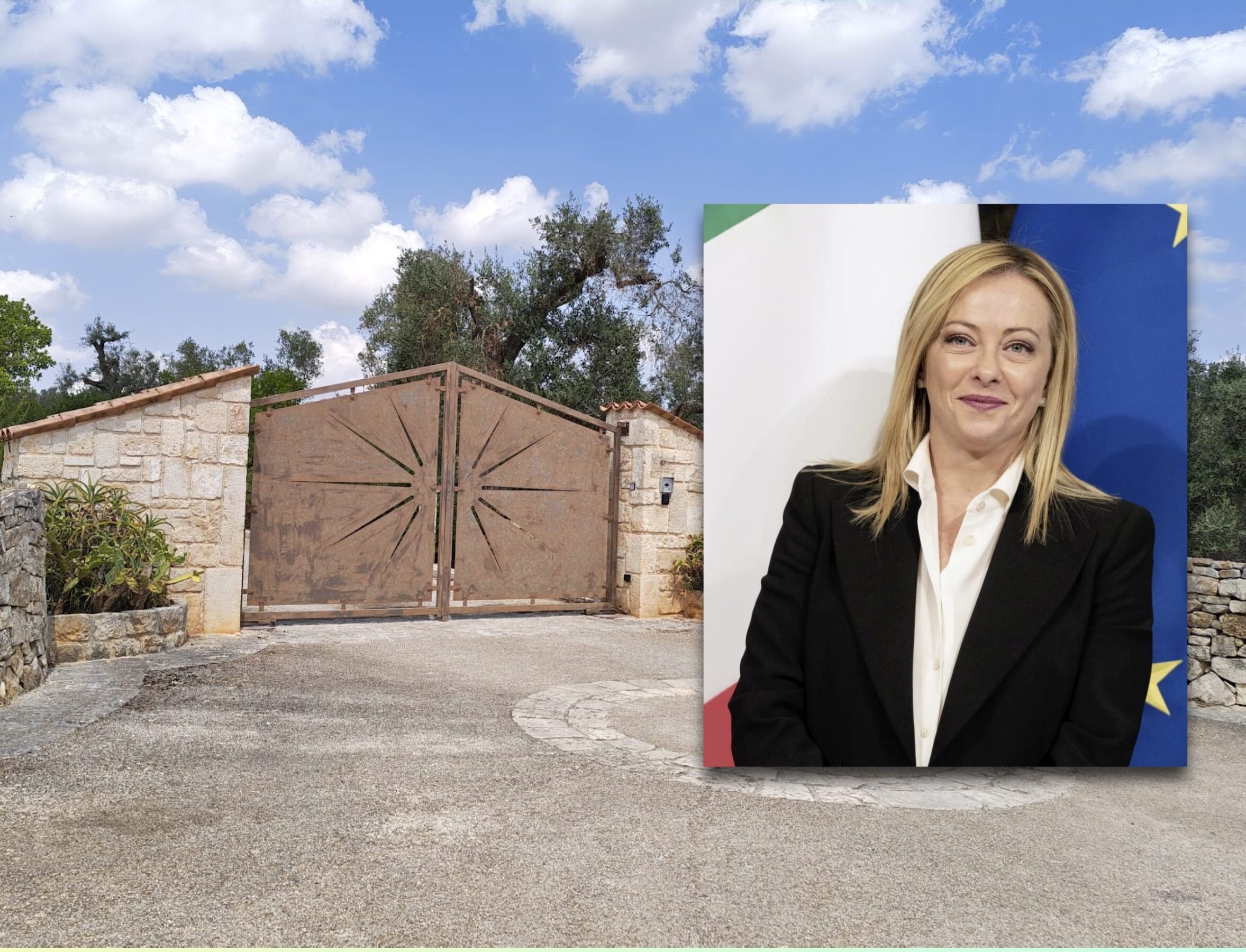 Il cancello chiuso di Masseria Beneficio e la presidente Giorgia Meloni