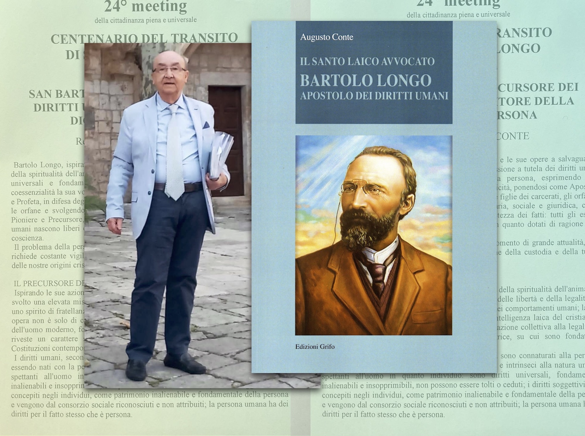L'avvocato Augusto Conte e la copertina del suo libro su San Bartolo Longo (Edizioni Grifo)